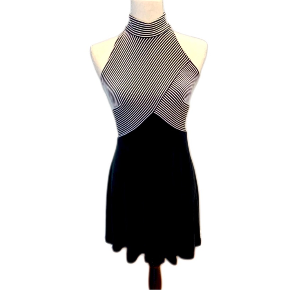 Tadashi Shoji vintage 90s cocktail dress with high neck and flared skirt